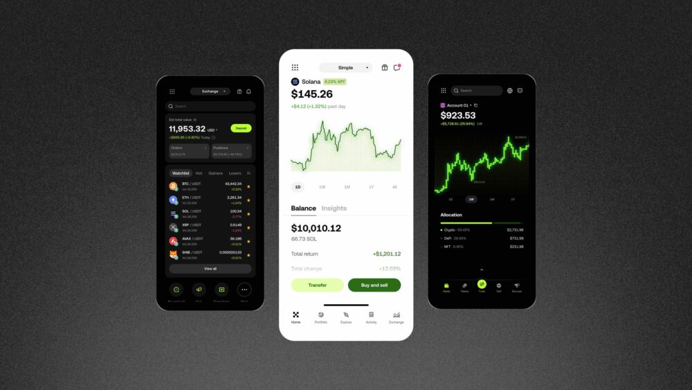 Мобильное приложение криптобиржи OKX (ОКХ): портфель, графики и торговый экран на трёх смартфонах